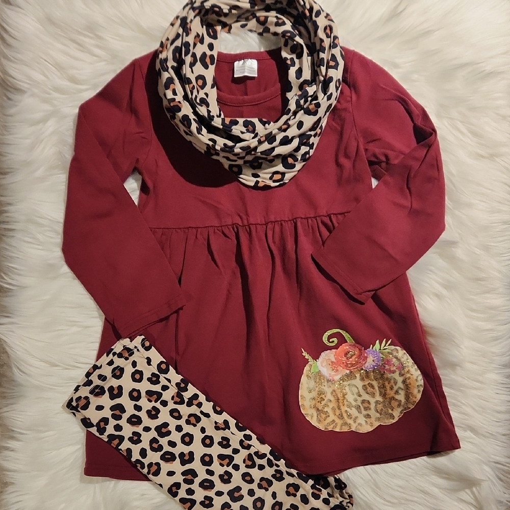 2pc Set: Burgundy Top with Pumpkin & Leopard Print Scarf With Leggings Size 2XL